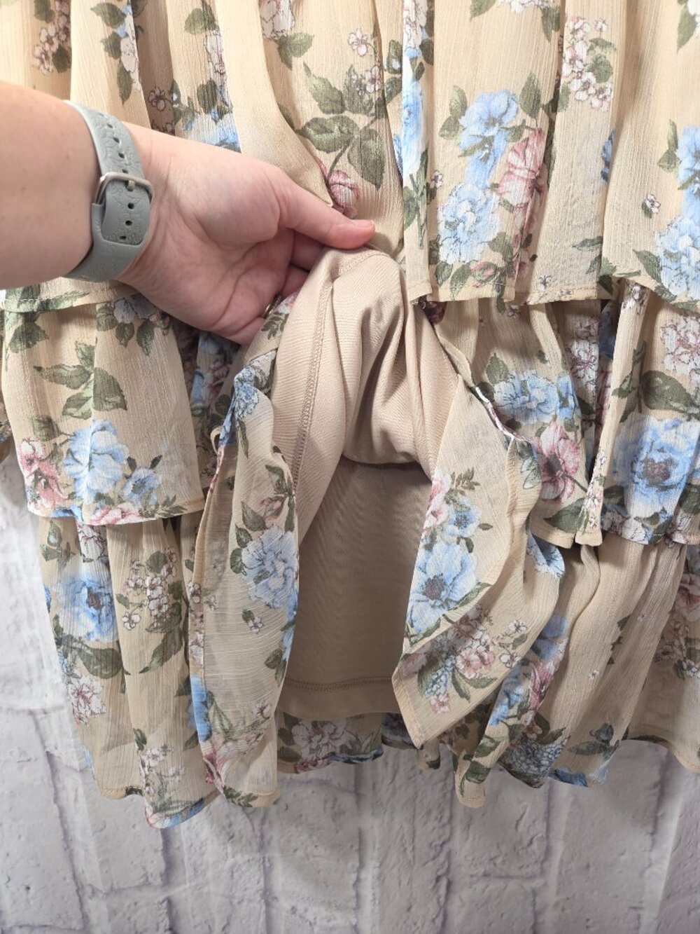 Madden NYC XL Beige Floral Smocked Mini Dress Peasant Boho Fairy Tiered Forest - Picture 5 of 9